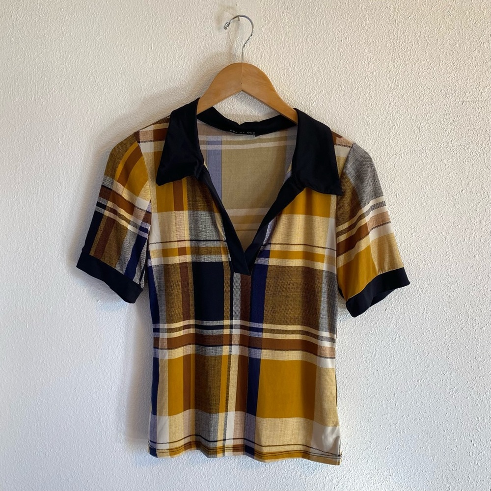 One By One Y2K Yellow Blue Plaid Collar Short Sleeve Small
